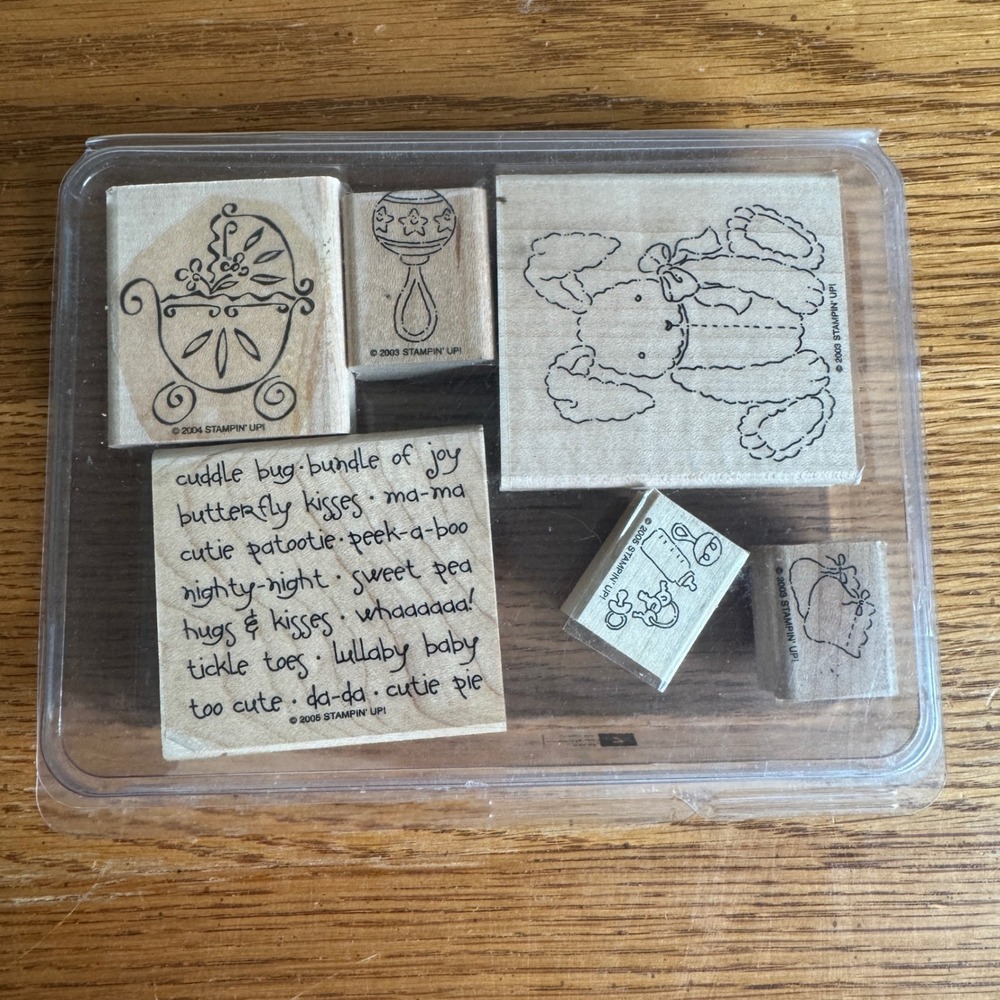 Stampin Up Baby Talk Wood Mount Rubber Stamp Set of 7 Bunny Carriage Rattle